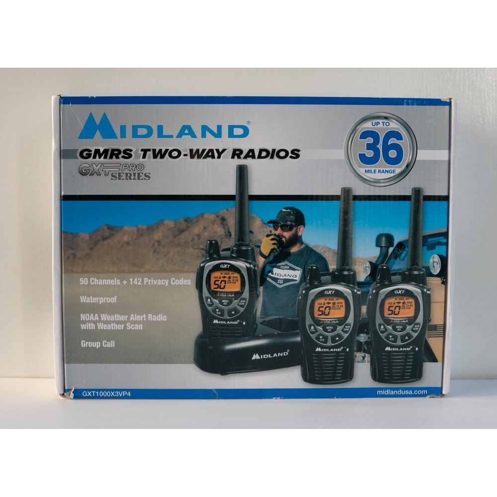 Lot of 3 - Midland GXT GMRS Walkie Talkies + Headsets + Charger